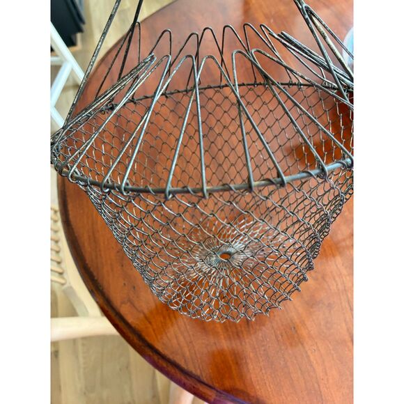 unknown Other - Vintage French Wire Egg Basket Collapsible Metal Mesh Farmhouse Garden Basket